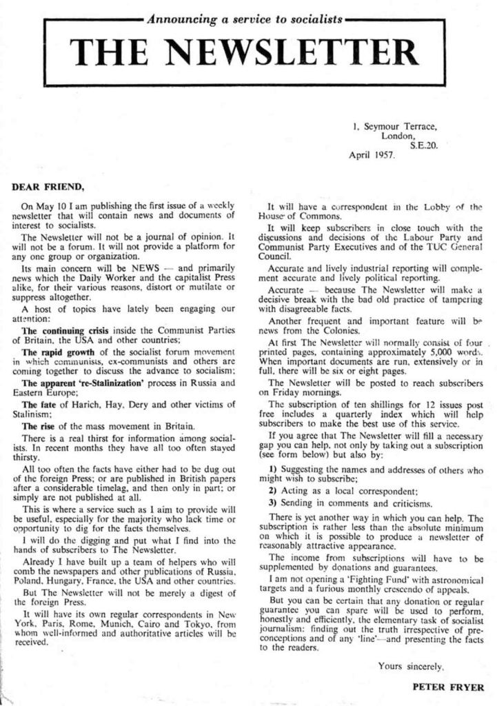 The original flyer announcing the publication of The Newsletter (April 1957). Pic from Staying Red blog.